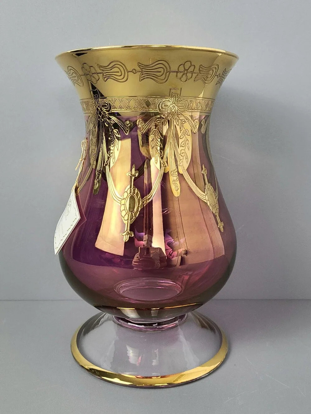 NWT SC Line Italy Gold Encrusted Amethyst Art Glass Vintage Vase